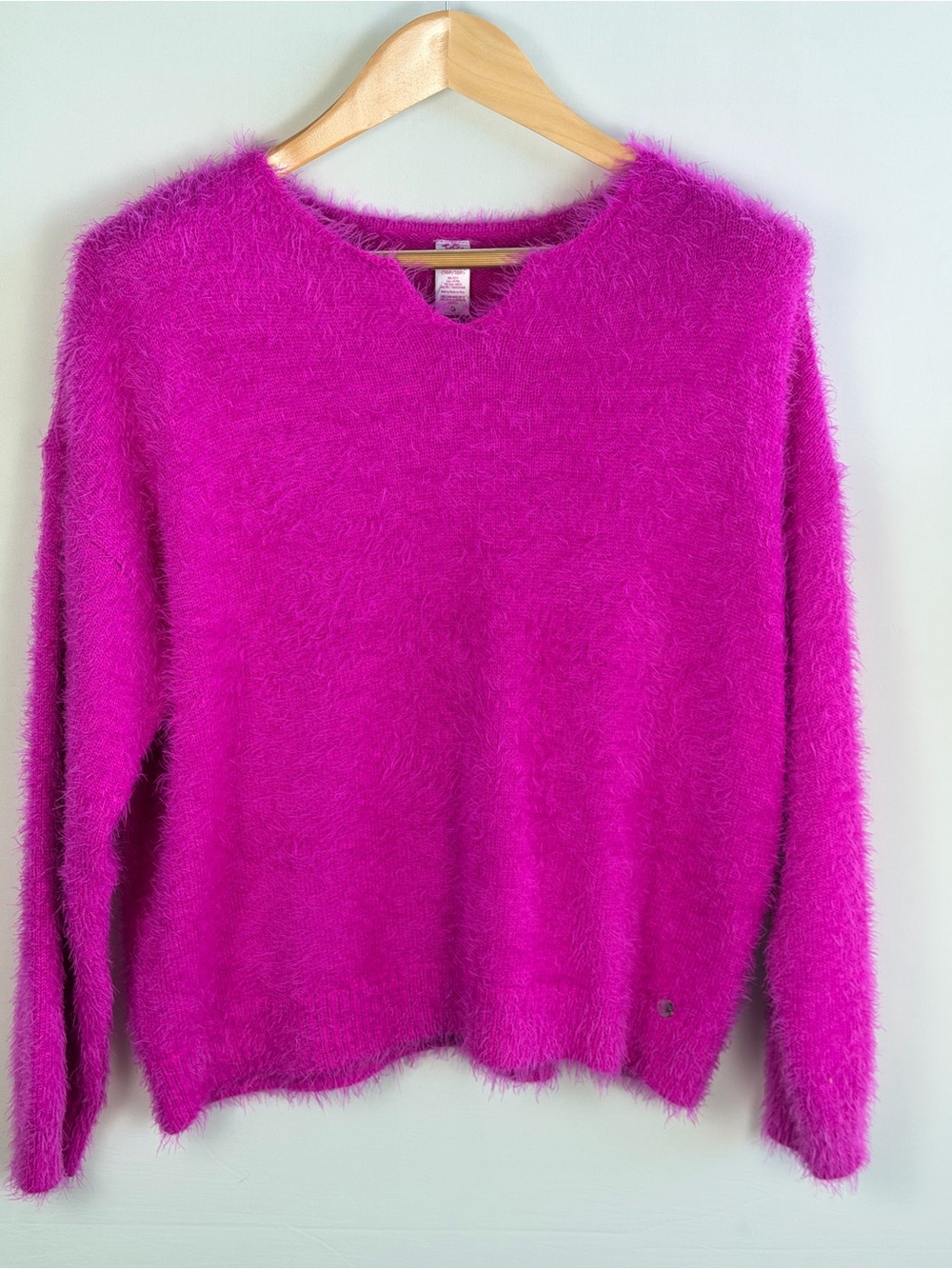 Justice Fuzzy Knit Sweater XL Plus Pink Eyelash Cozy Soft Girl V Neck